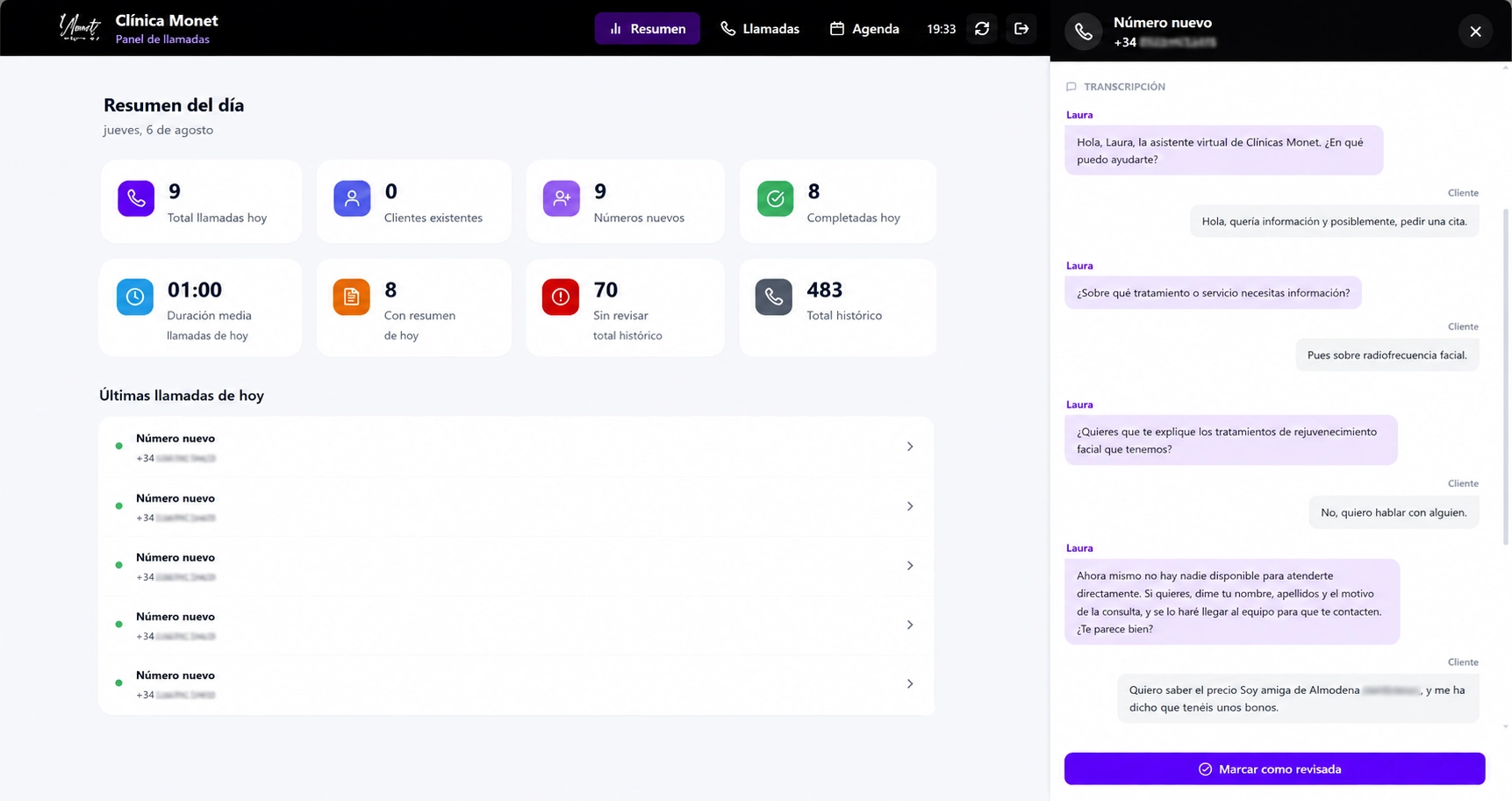 Panel de llamadas · conversación ejemplo 2